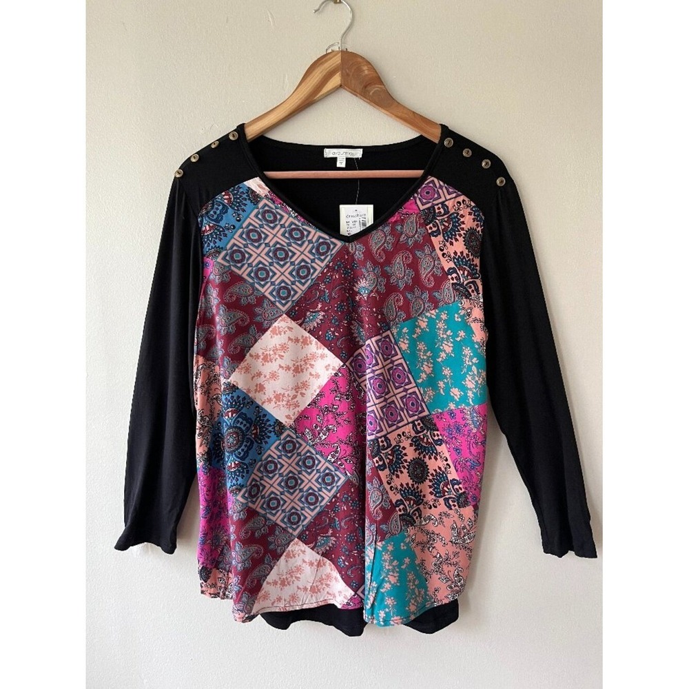 Ava James Sz L Multicolor Black Pink Pullover Blouse Top V Neck